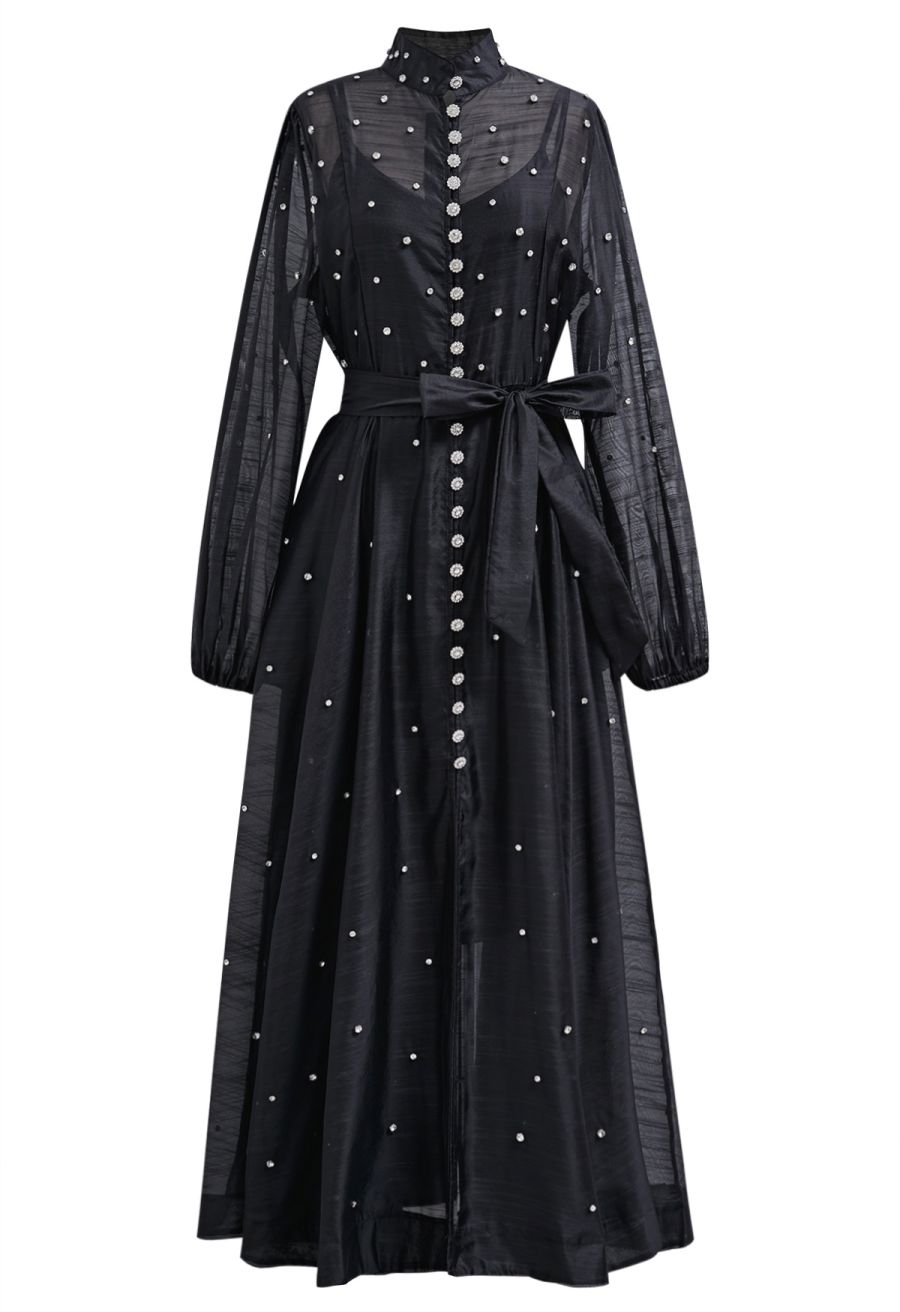 Rhinestone Decor Button Tie-Sash Organza Maxi Dress in Black