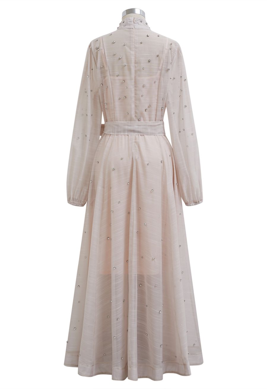 Rhinestone Decor Button Tie-Sash Organza Maxi Dress in Apricot