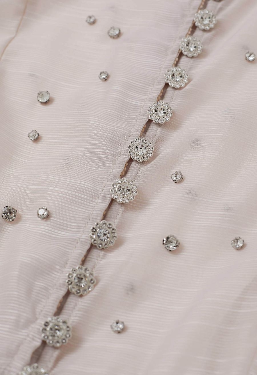 Rhinestone Decor Button Tie-Sash Organza Maxi Dress in Apricot
