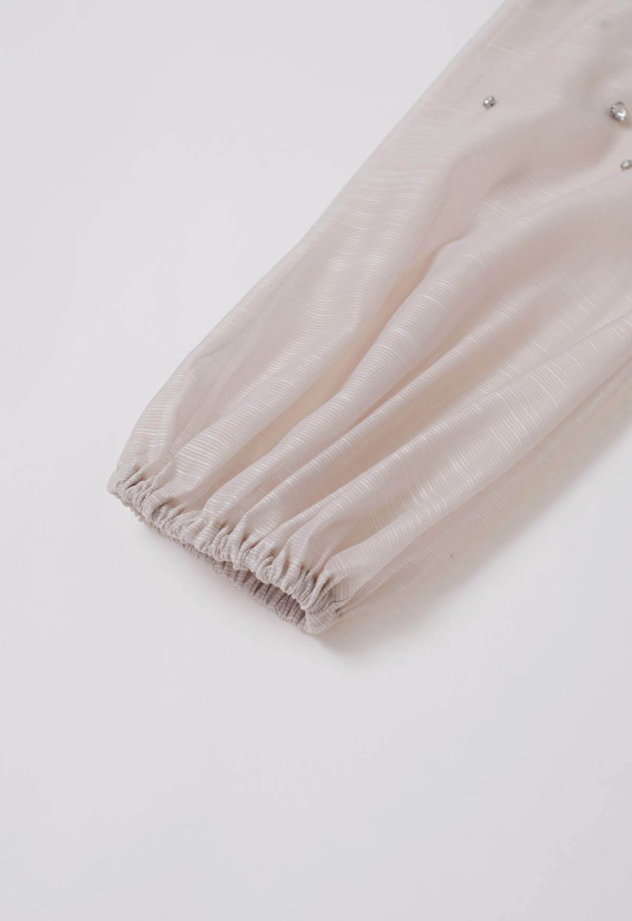 Rhinestone Decor Button Tie-Sash Organza Maxi Dress in Apricot