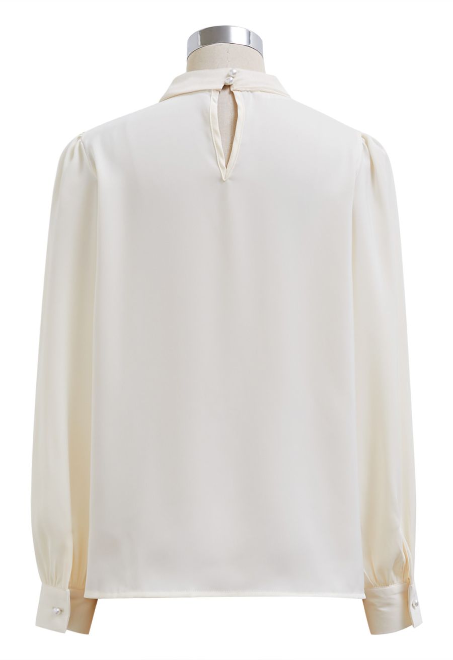 Self-Tie Bowknot Floral Brooch Satin Shirt in Cream