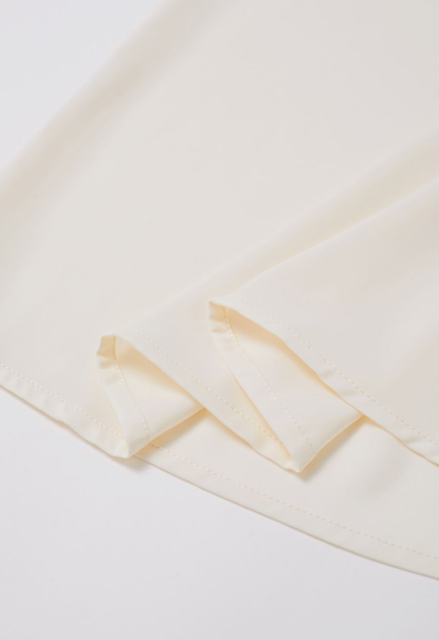 Self-Tie Bowknot Floral Brooch Satin Shirt in Cream