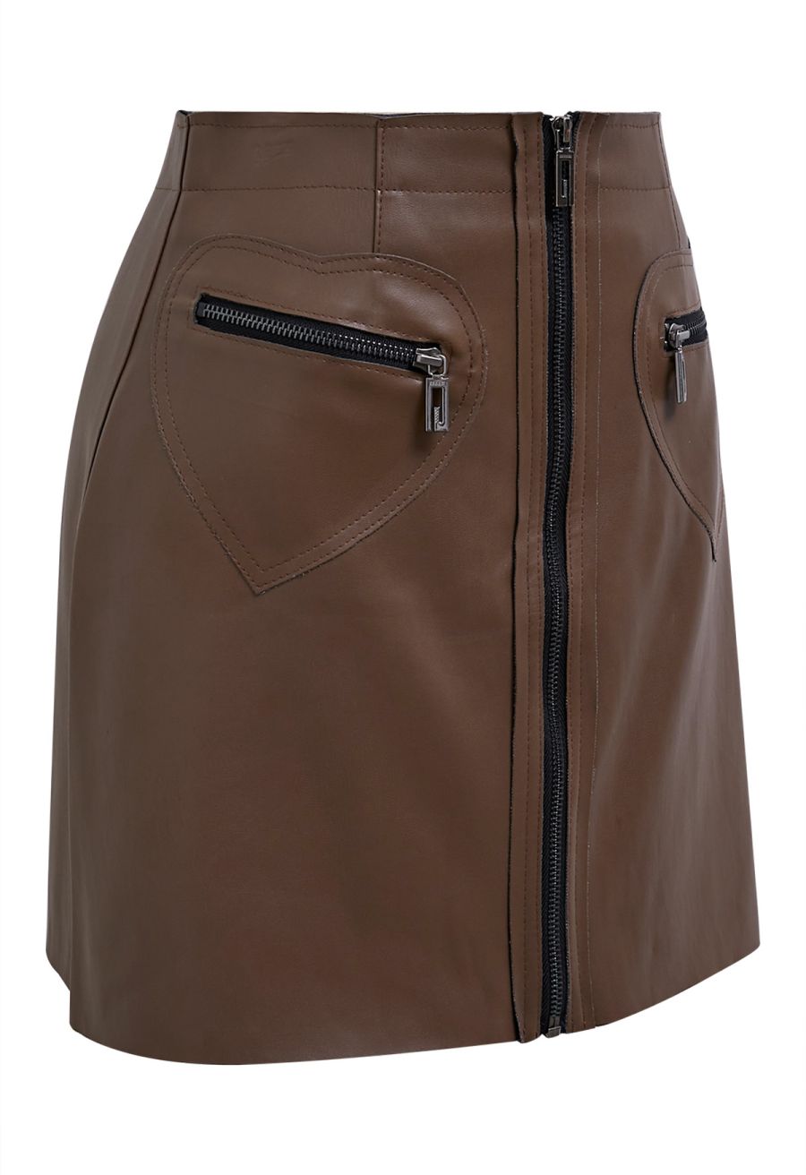 Zipper Faux Leather Mini Skirt in Brown