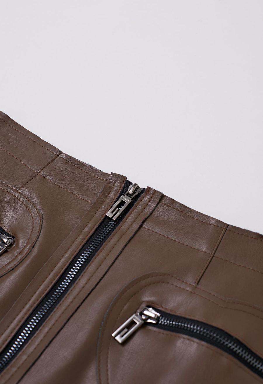 Zipper Faux Leather Mini Skirt in Brown