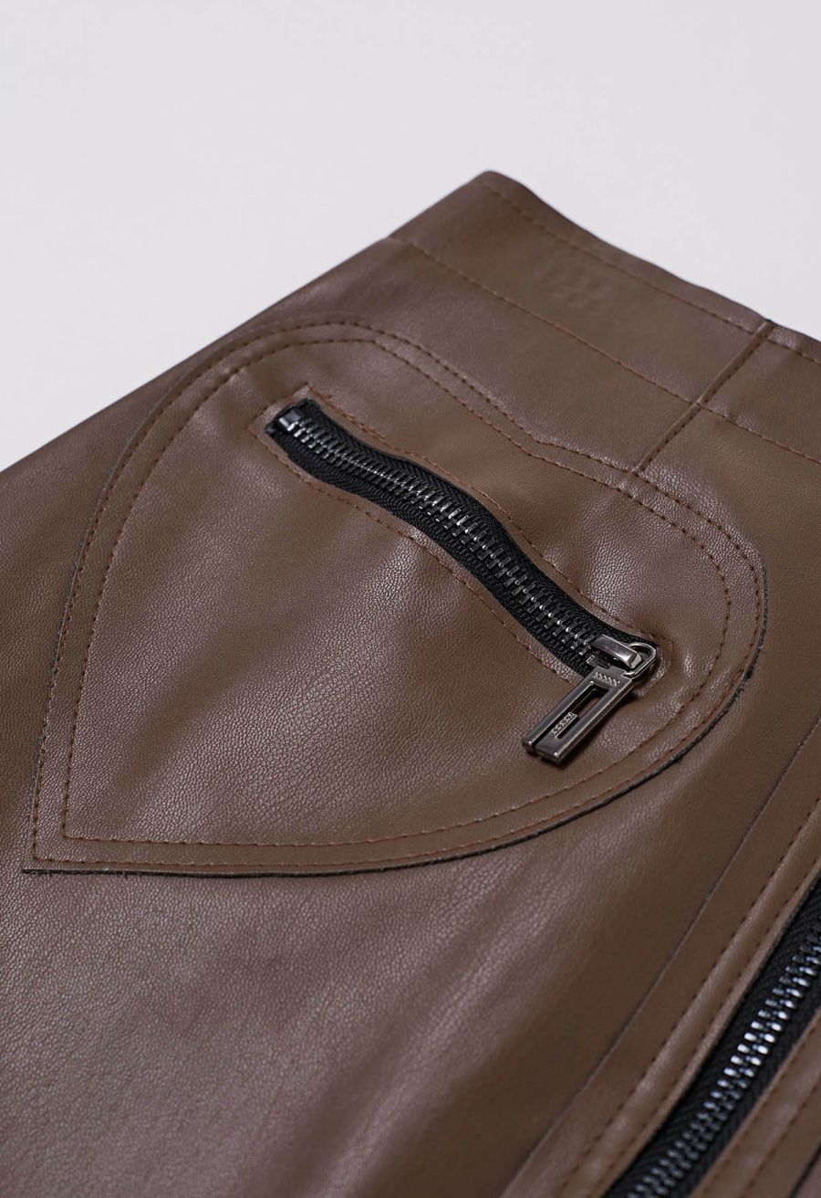 Zipper Faux Leather Mini Skirt in Brown