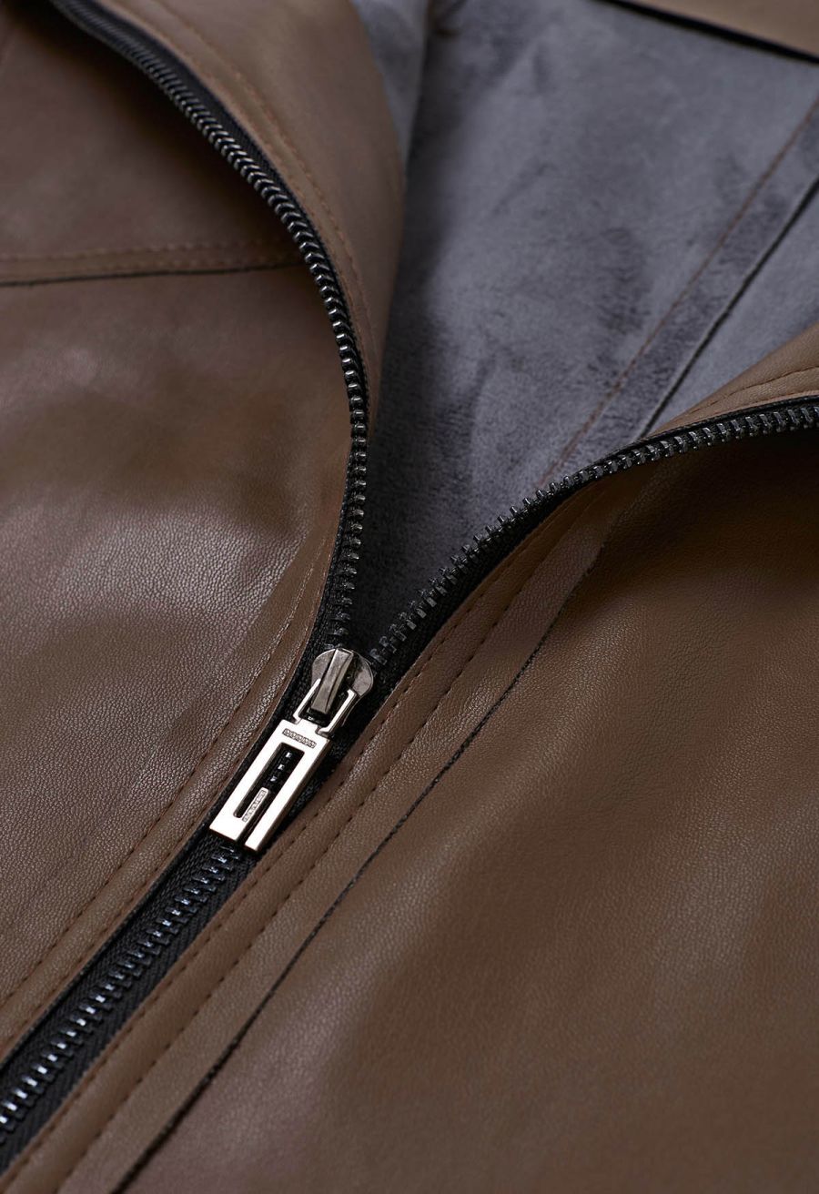 Zipper Faux Leather Mini Skirt in Brown