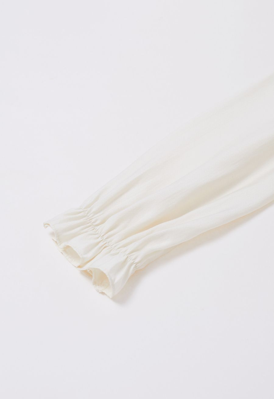 Pearl Neck V-Shape Cutout Top in Cream