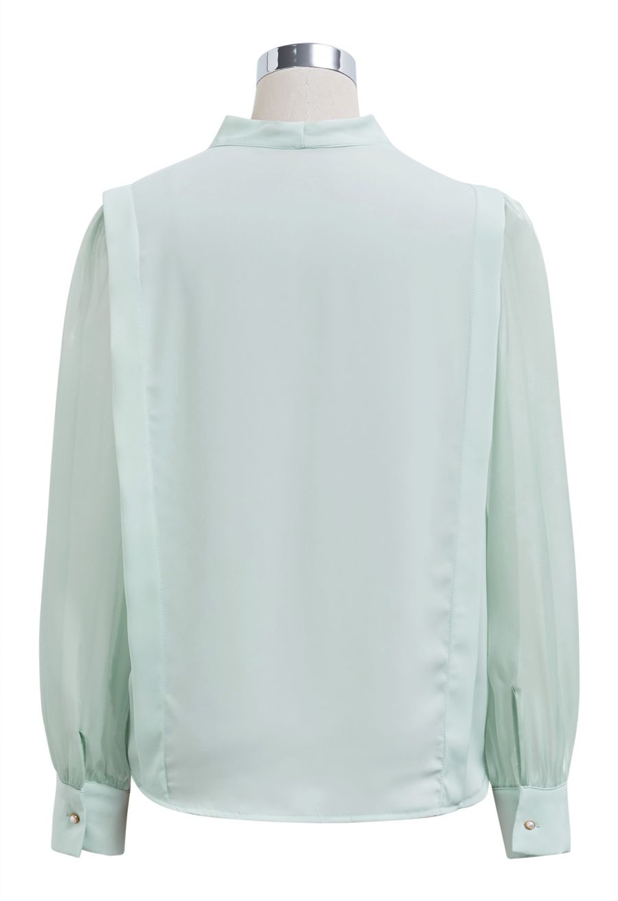 Heart Brooch Organza Spliced Satin Top in Mint