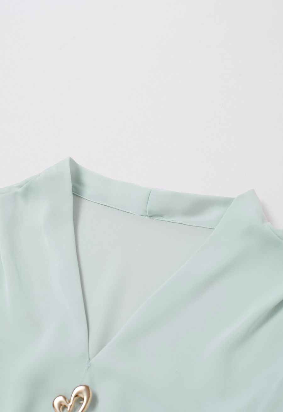 Heart Brooch Organza Spliced Satin Top in Mint