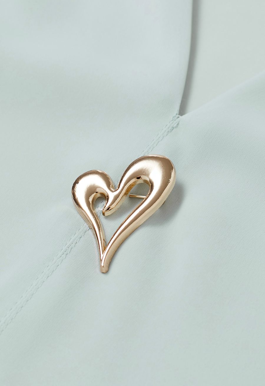 Heart Brooch Organza Spliced Satin Top in Mint