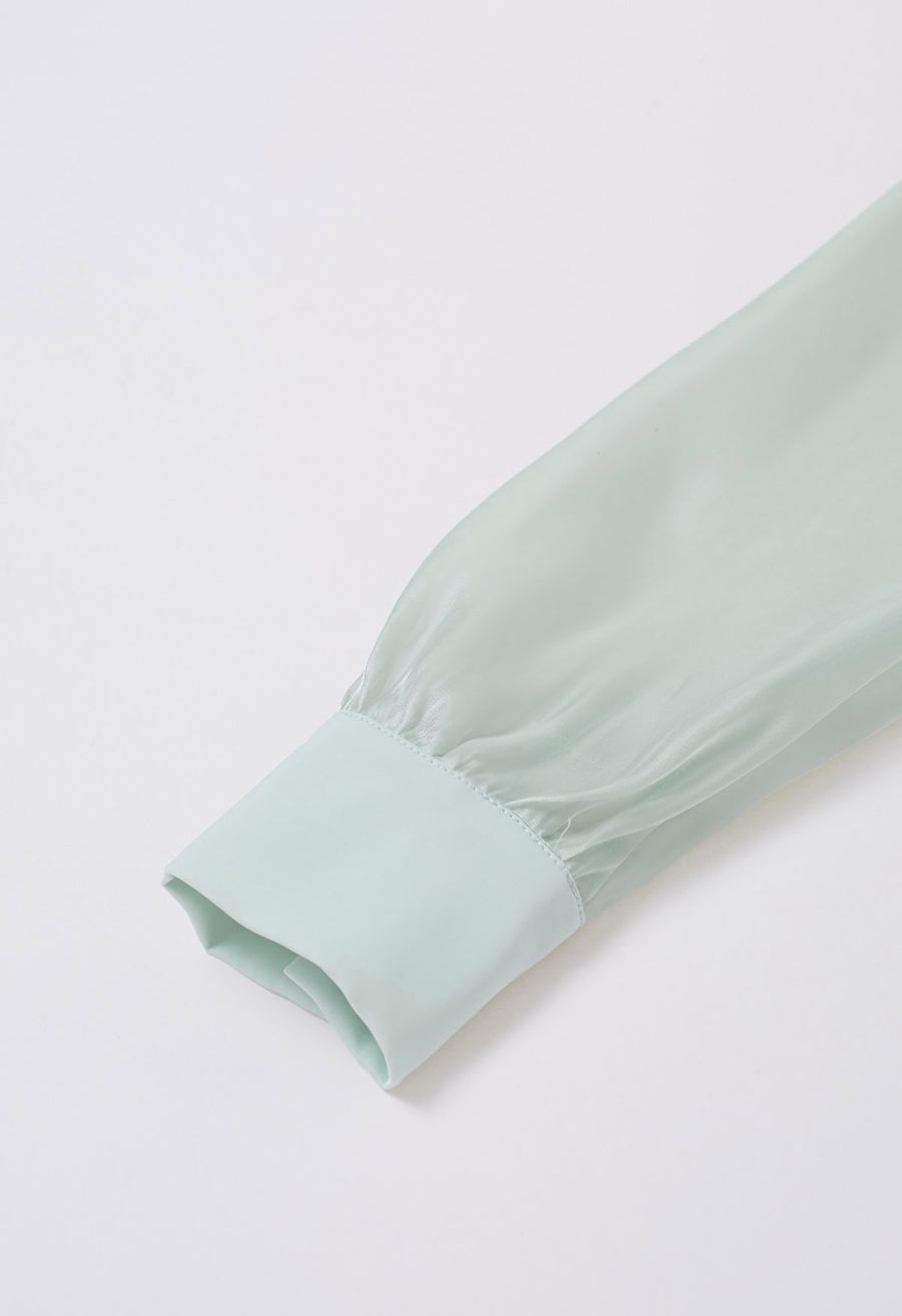 Heart Brooch Organza Spliced Satin Top in Mint