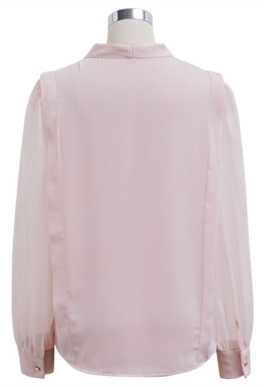 Heart Brooch Organza Spliced Satin Top in Pink