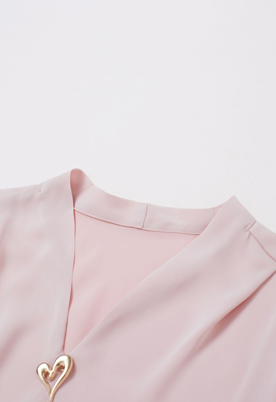 Heart Brooch Organza Spliced Satin Top in Pink