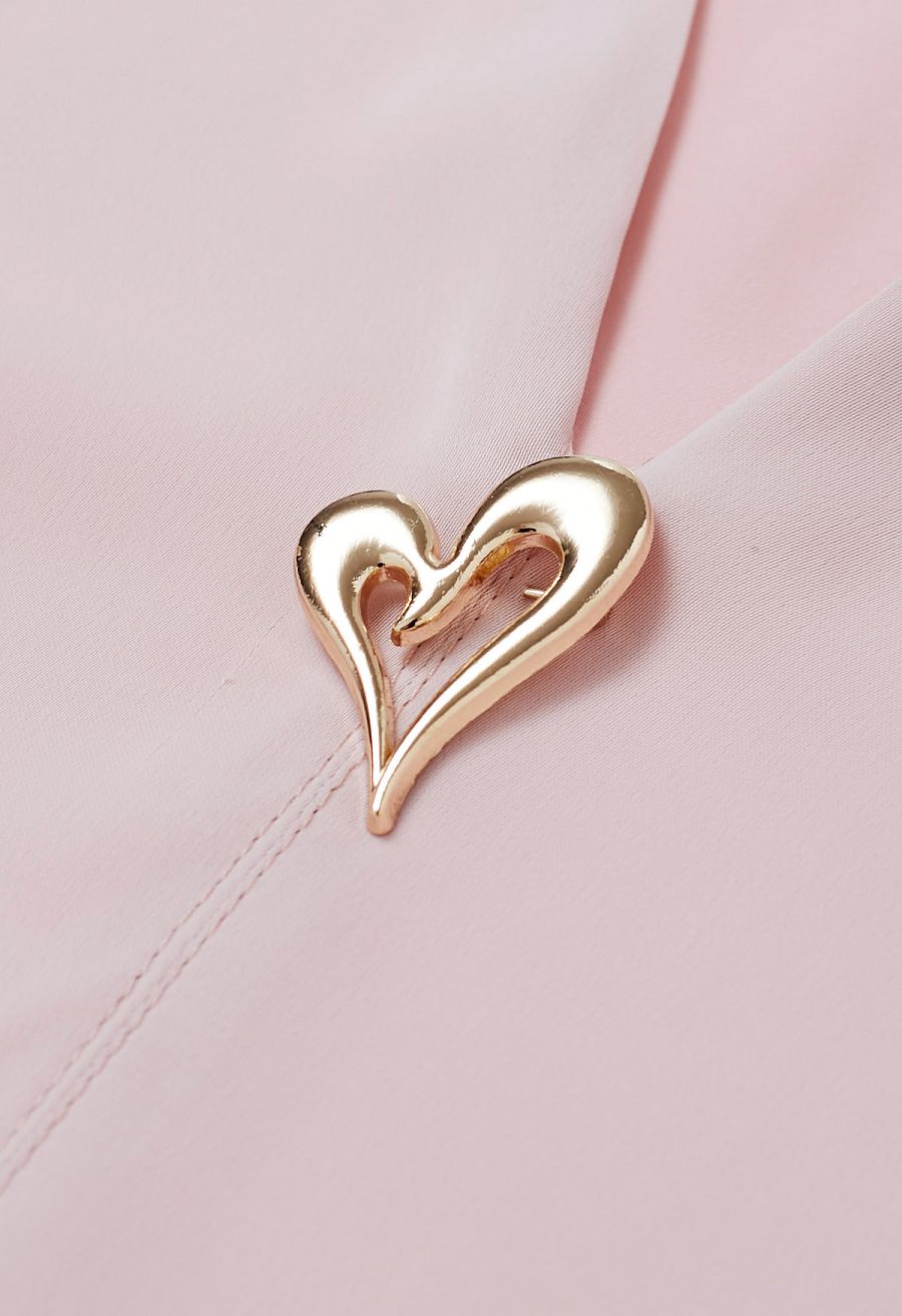 Heart Brooch Organza Spliced Satin Top in Pink