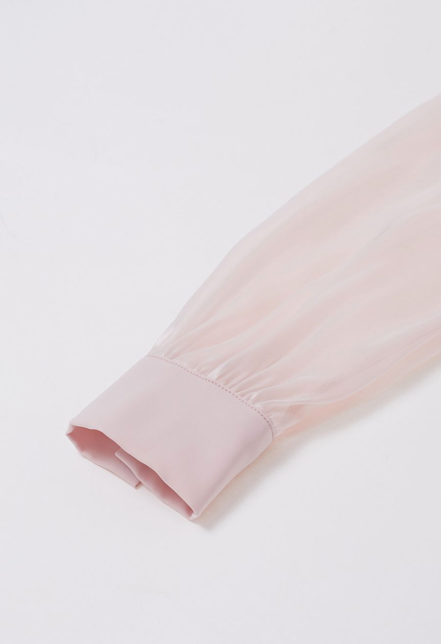 Heart Brooch Organza Spliced Satin Top in Pink