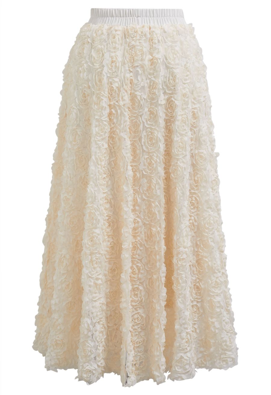 3D Rose Petal Mesh Midi Skirt in Cream