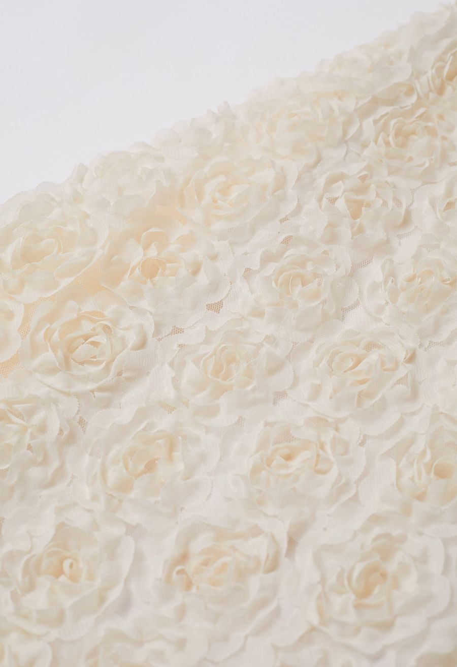 3D Rose Petal Mesh Midi Skirt in Cream