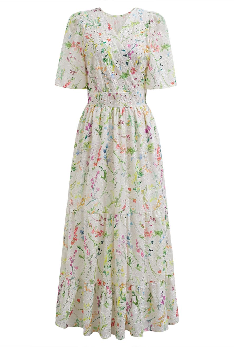 Watercolor Wild Flowers Printed Eyelet Embroidered Faux-Wrap Dress