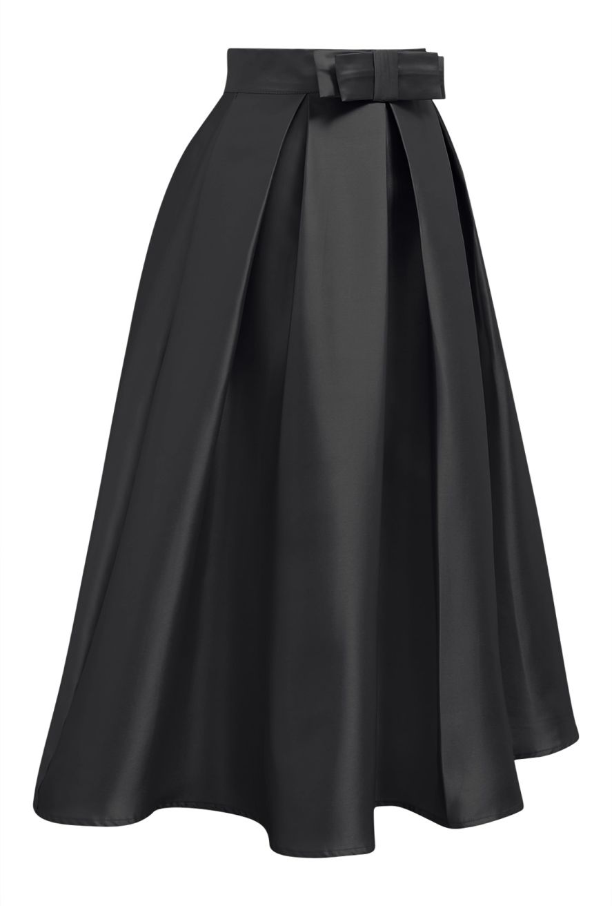 Luxurious Night Bowknot Pleated Midi Skirt in Black