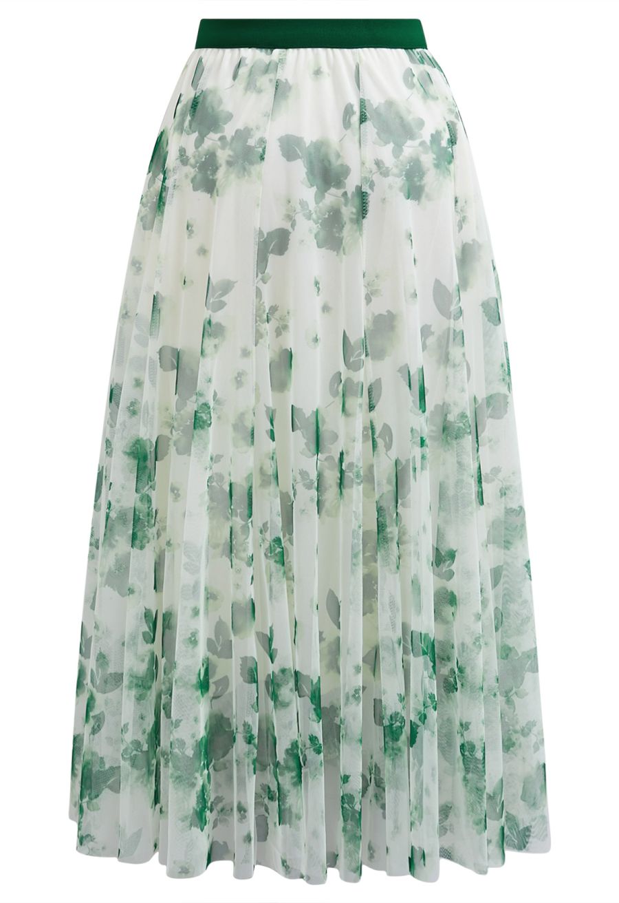 Watercolor Floral Printed Mesh Tulle Midi Skirt in Green