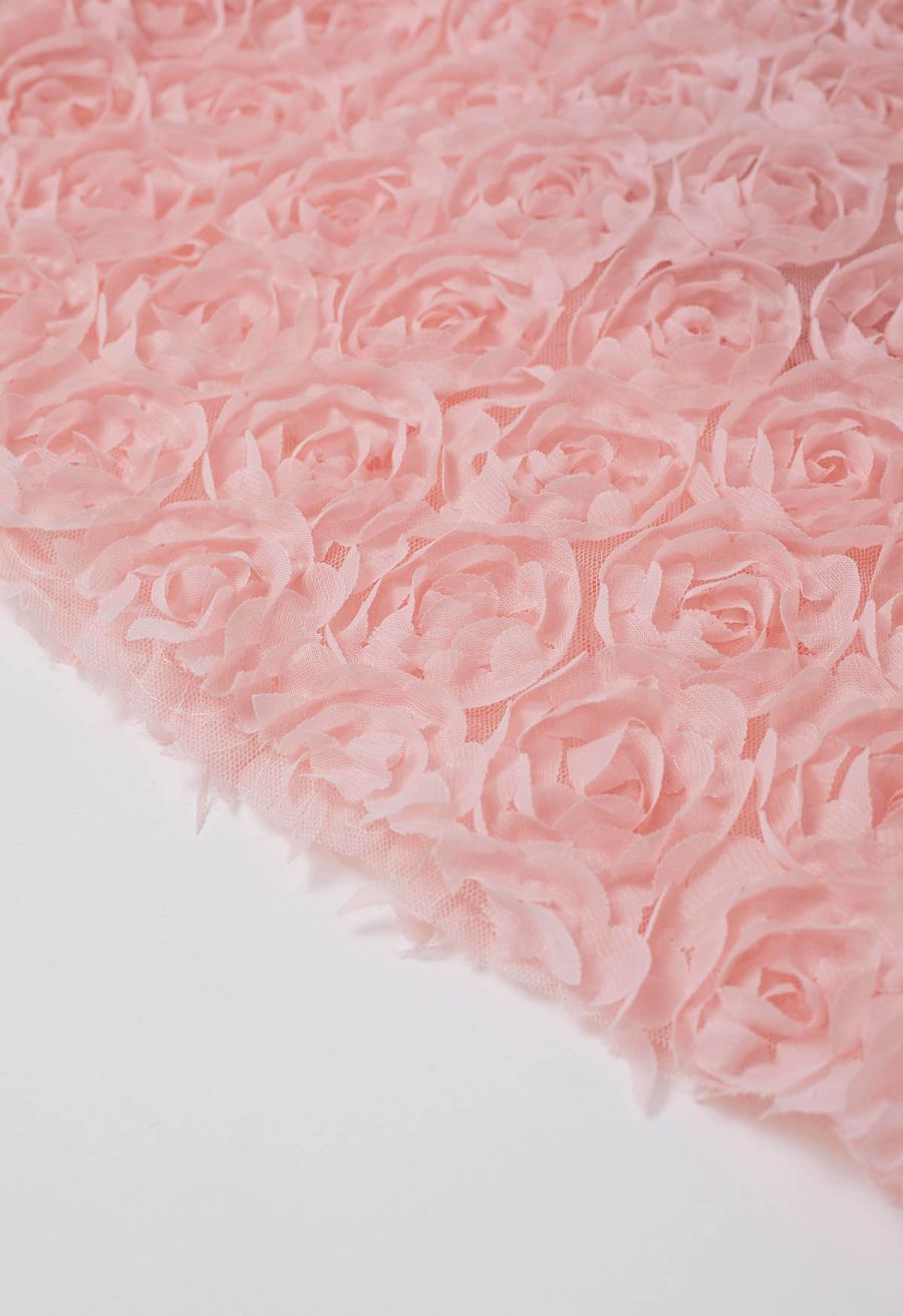 3D Rose Petal Mesh Midi Skirt in Pink