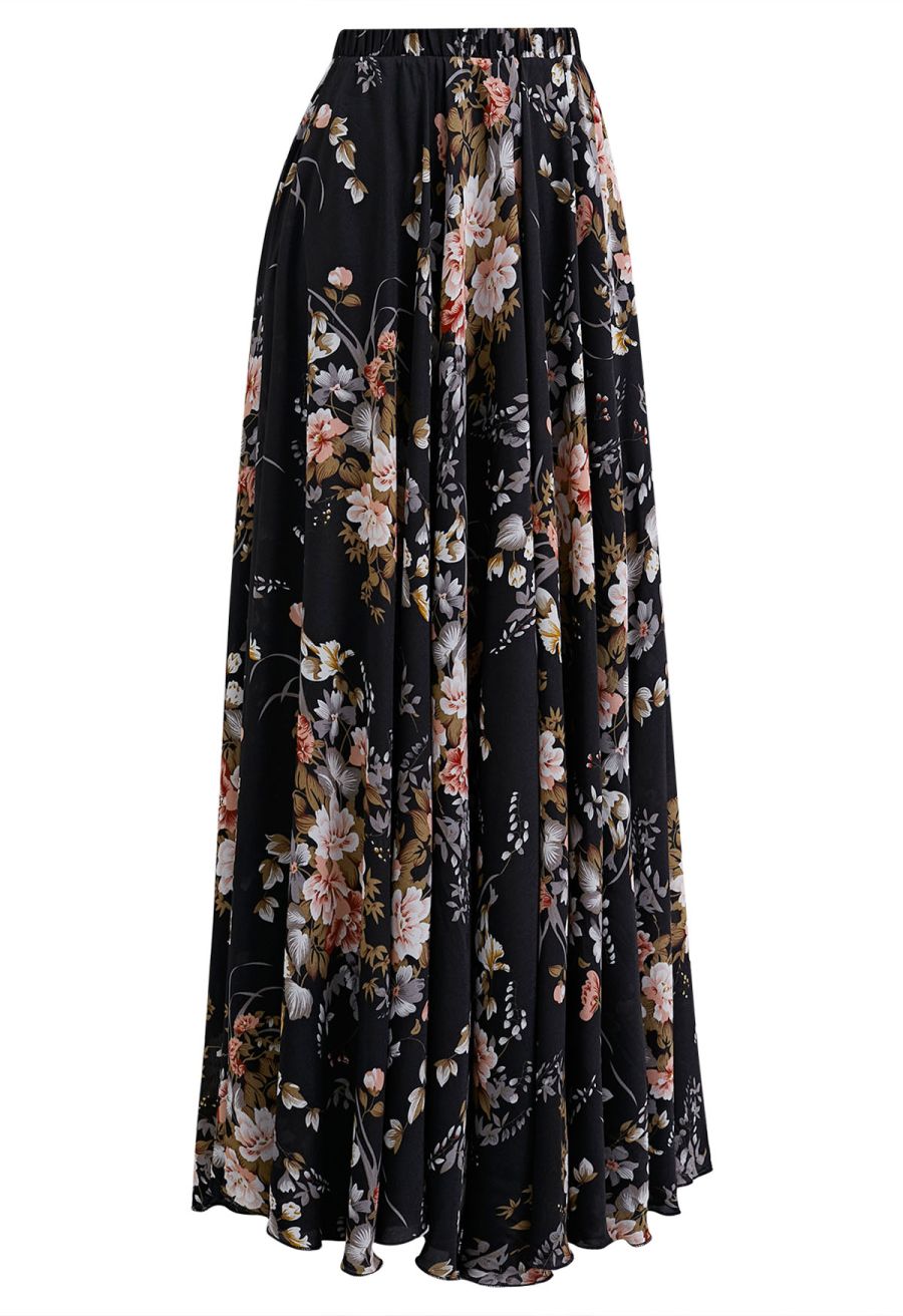 Spellbinding Bouquet Chiffon Maxi Skirt in Black