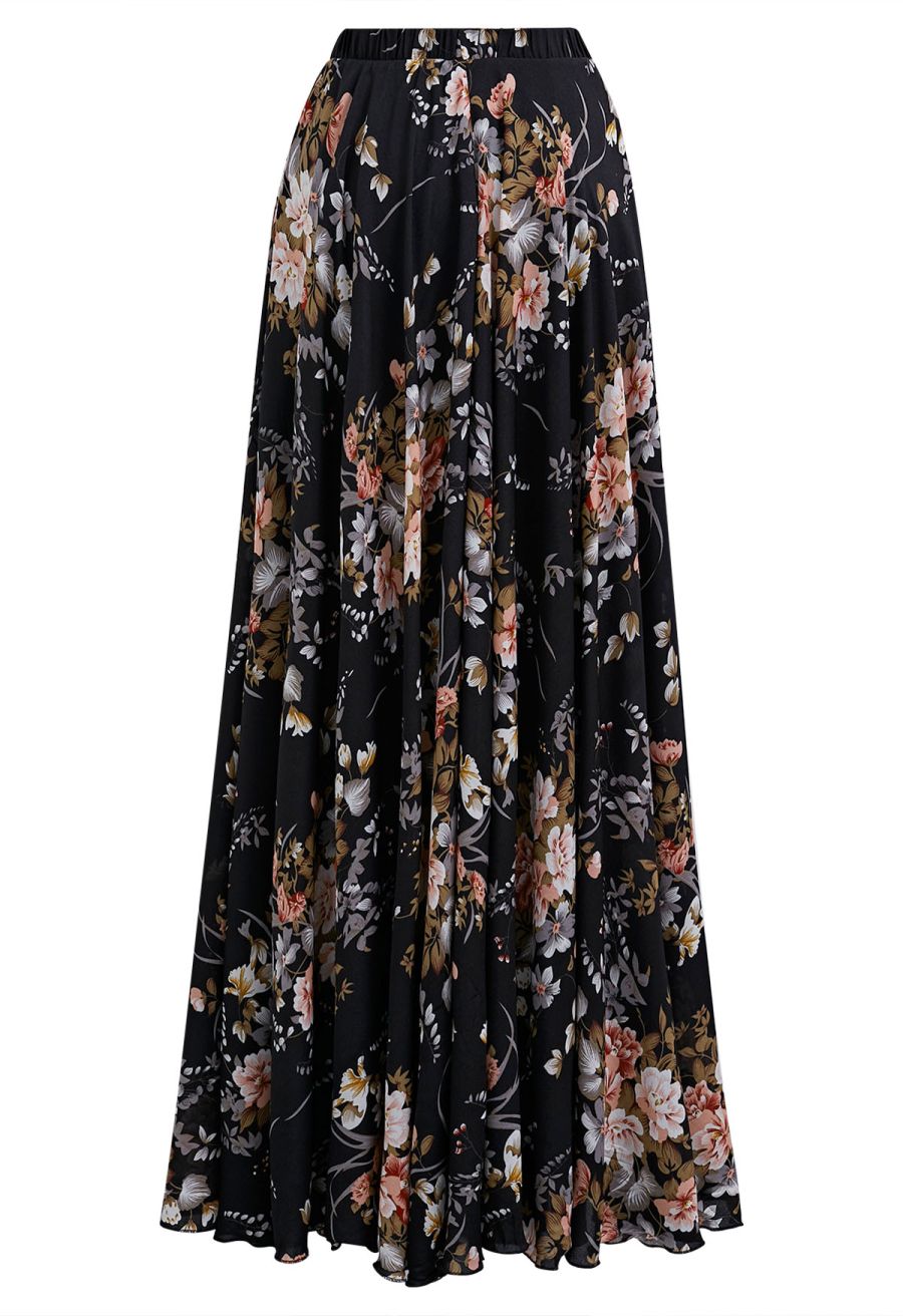 Spellbinding Bouquet Chiffon Maxi Skirt in Black