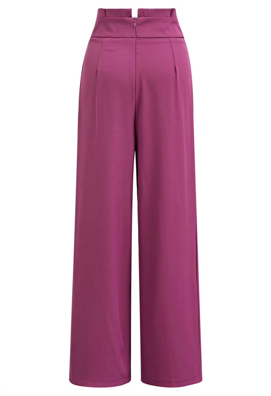 Pleated Waist Straight-Leg Pants in Berry