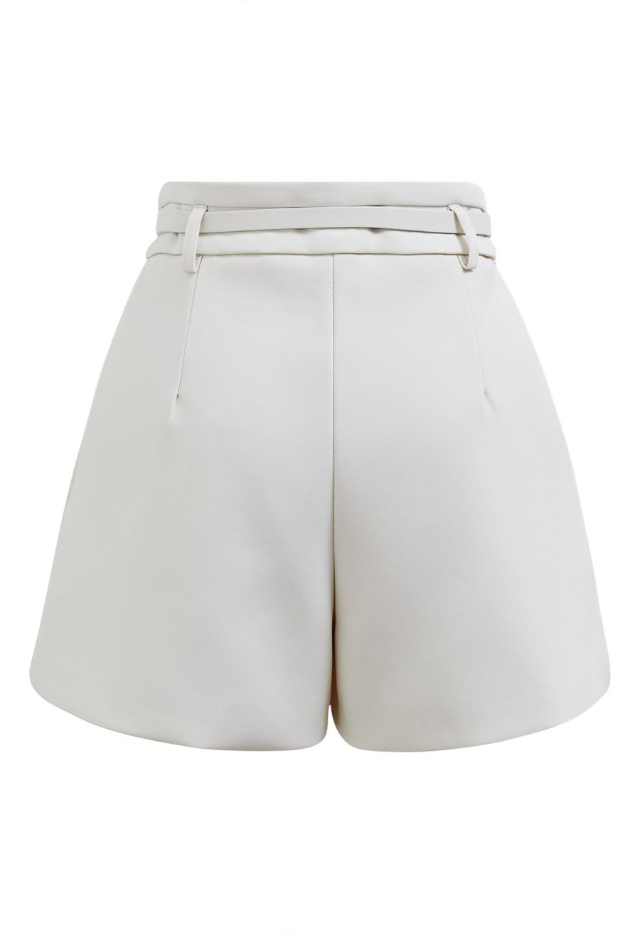 Solid Color Belted Shorts in Ivory