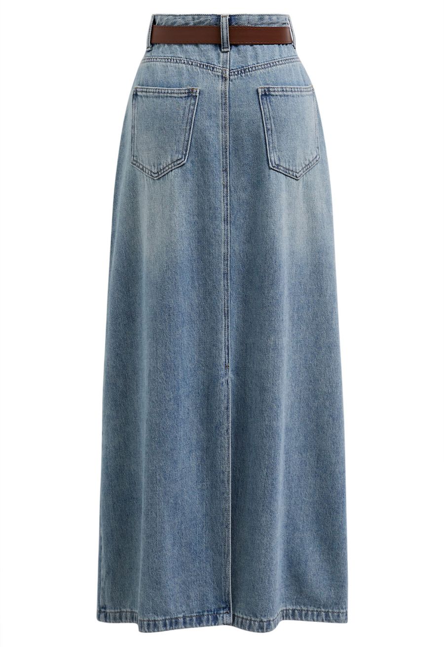 Slit Back Belted Denim Maxi Skirt in Blue