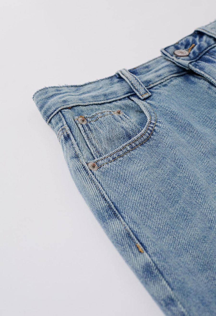 Slit Back Belted Denim Maxi Skirt in Blue