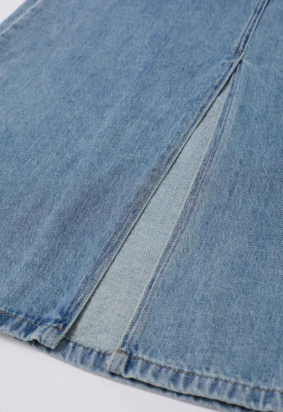 Slit Back Belted Denim Maxi Skirt in Blue