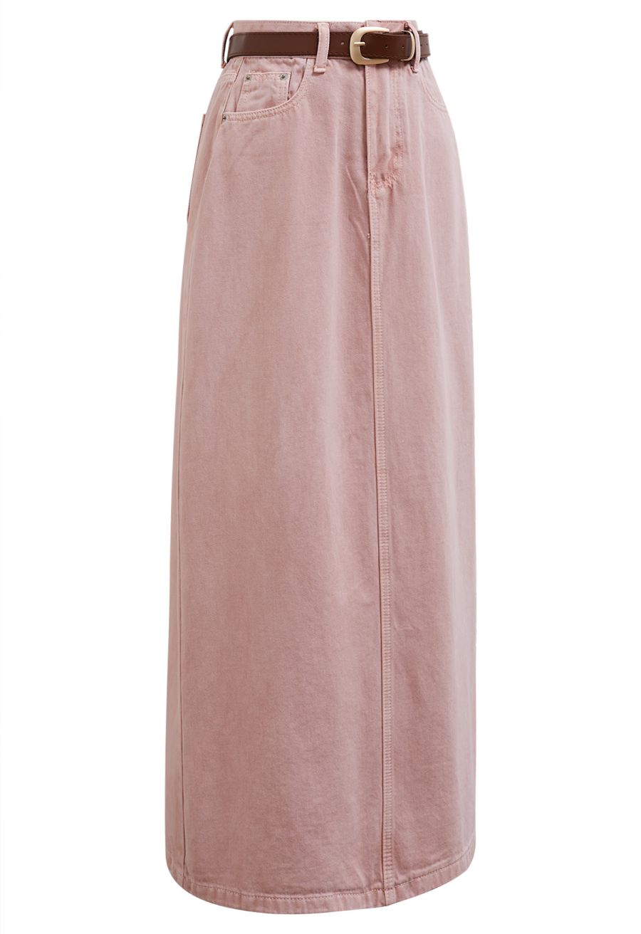 Slit Back Belted Denim Maxi Skirt in Pink