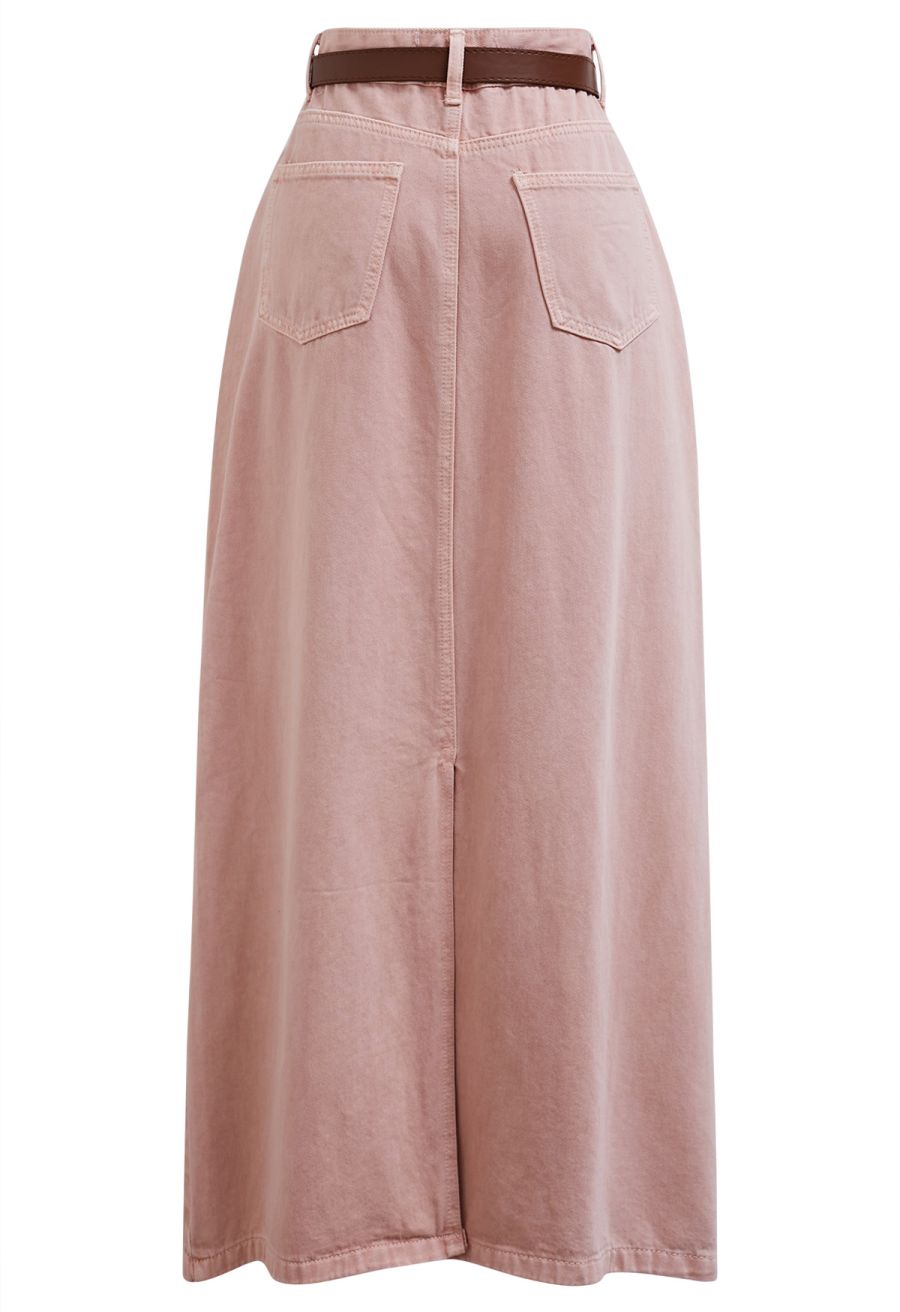 Slit Back Belted Denim Maxi Skirt in Pink