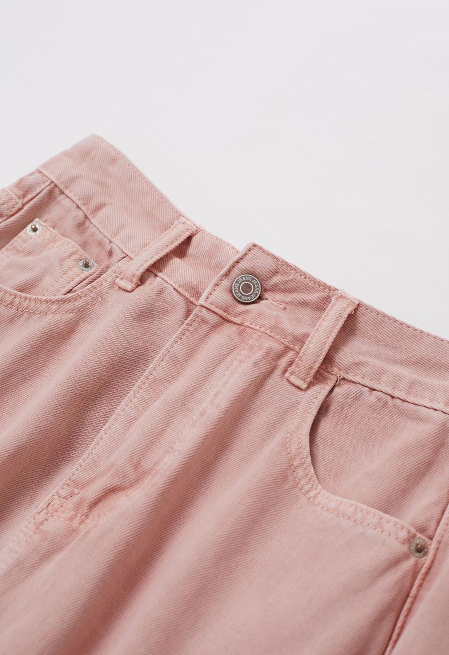 Slit Back Belted Denim Maxi Skirt in Pink
