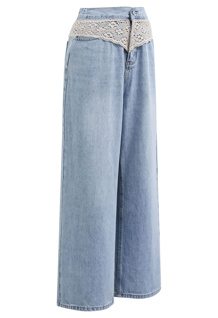 Cutwork Lace Trim Wide-Leg Jeans