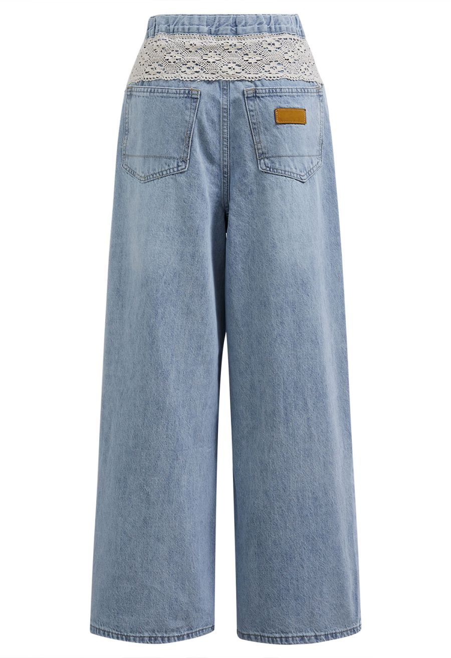 Cutwork Lace Trim Wide-Leg Jeans