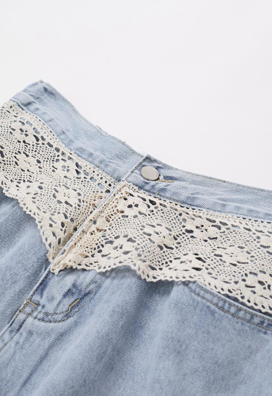 Cutwork Lace Trim Wide-Leg Jeans