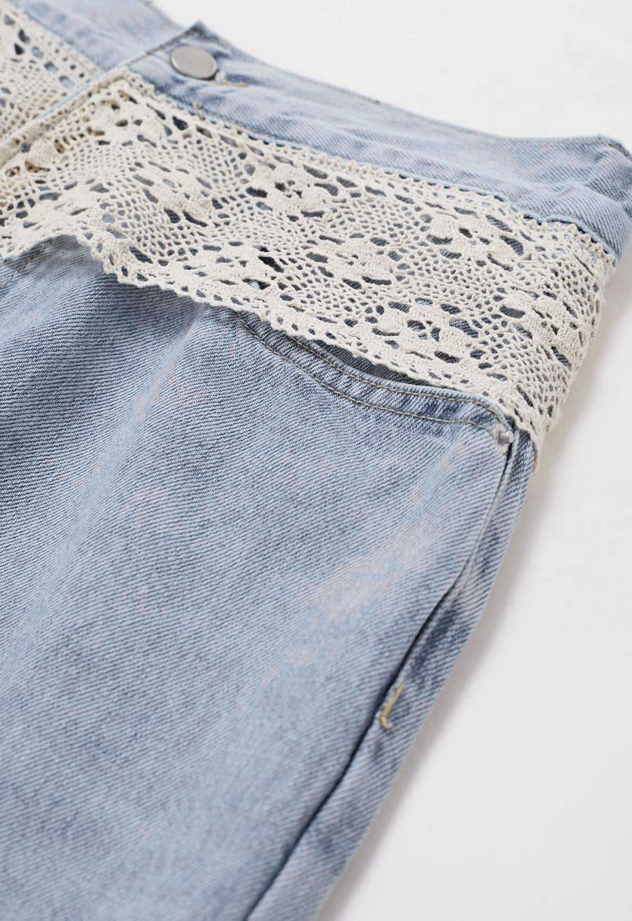 Cutwork Lace Trim Wide-Leg Jeans