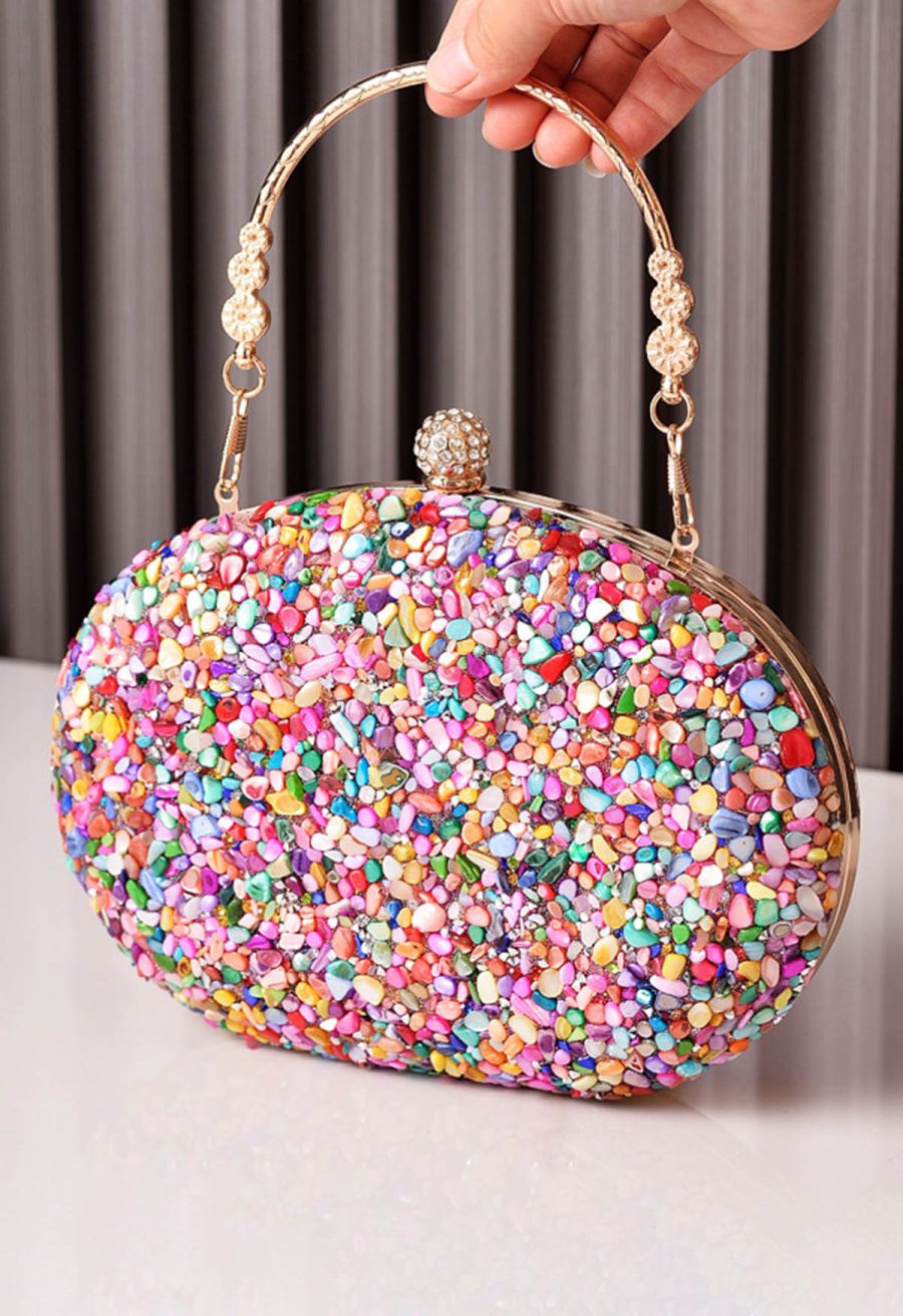 Full Beaded Rhinestone Oval Clutch in Multicolor