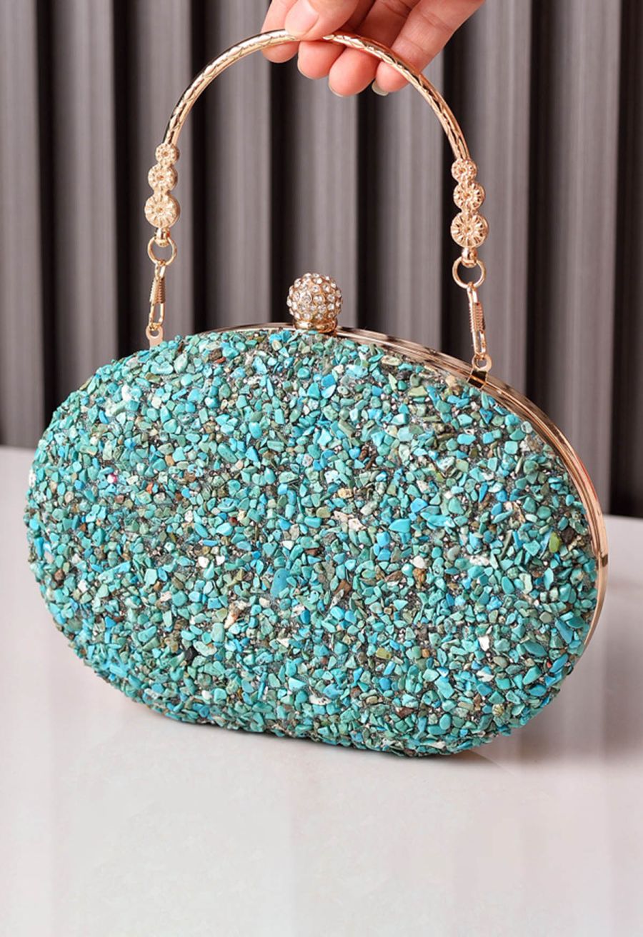 Full Beaded Rhinestone Oval Clutch in Turquoise