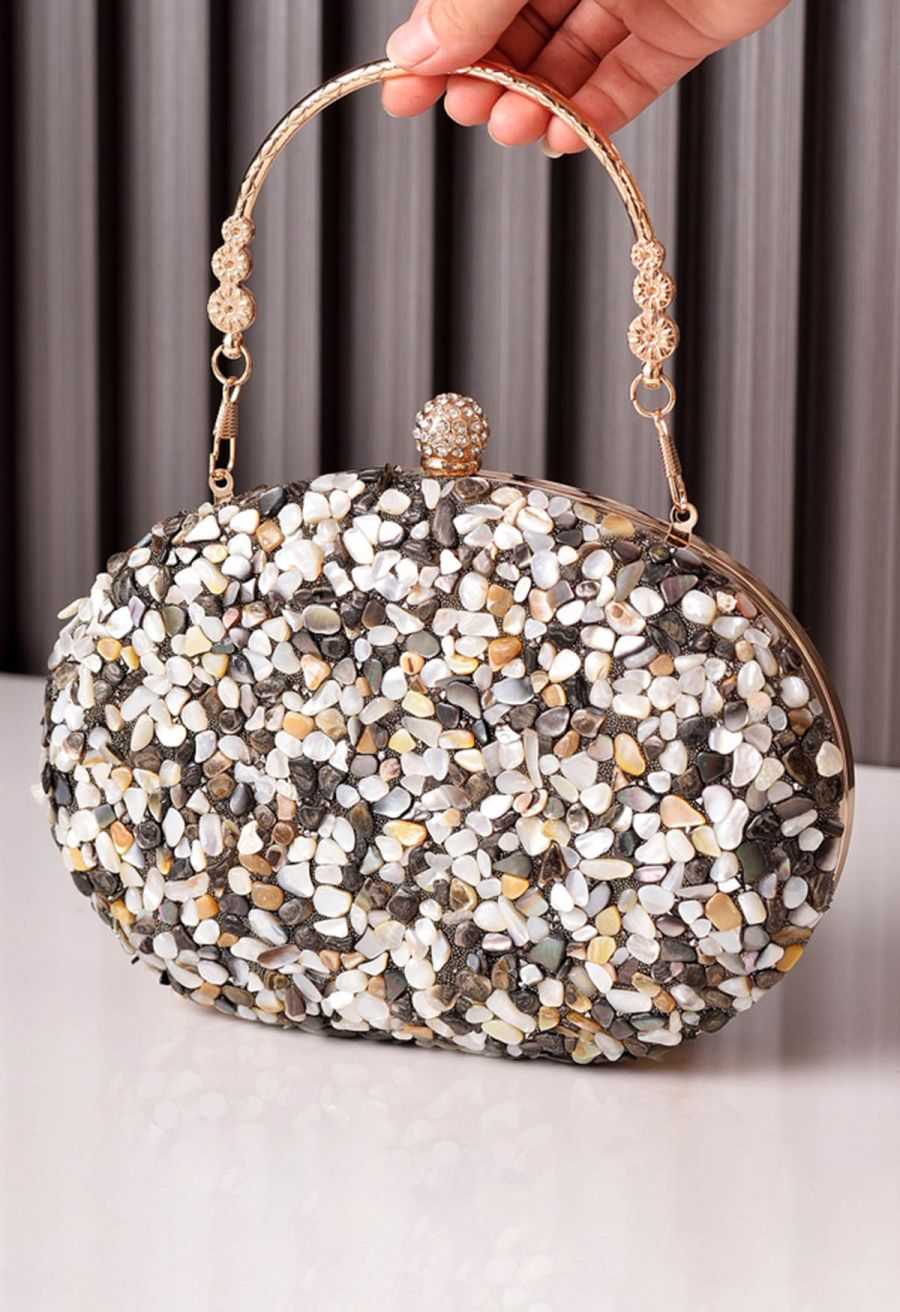 Full Beaded Rhinestone Oval Clutch in Grey