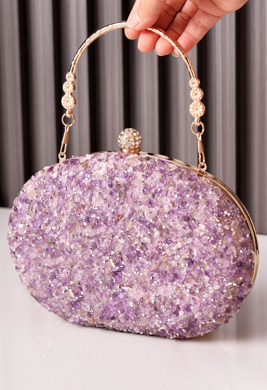 Full Beaded Rhinestone Oval Clutch in Purple