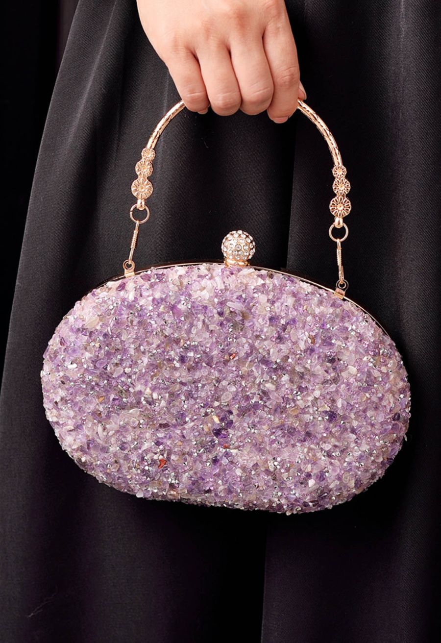 Full Beaded Rhinestone Oval Clutch in Purple