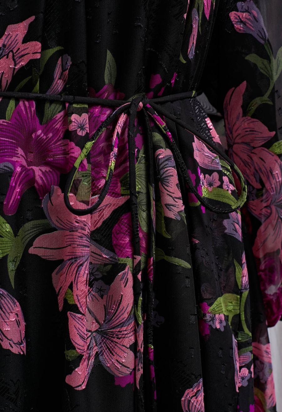 Lily Jacquard Bubble Sleeves Mesh Dress in Purple