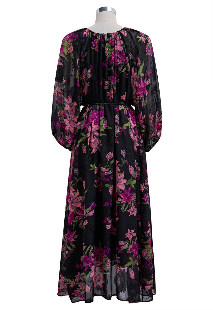 Lily Jacquard Bubble Sleeves Mesh Dress in Purple