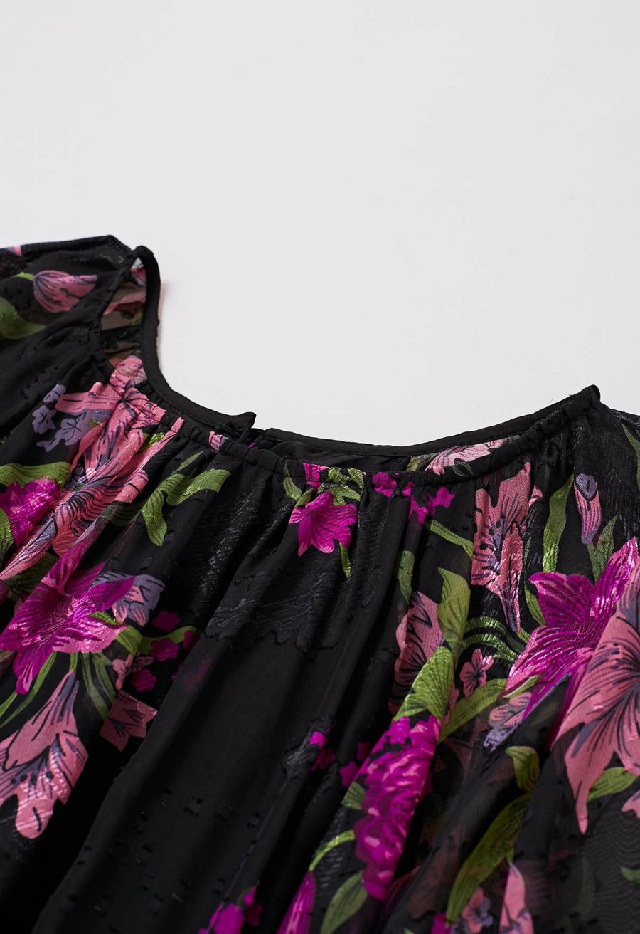 Lily Jacquard Bubble Sleeves Mesh Dress in Purple