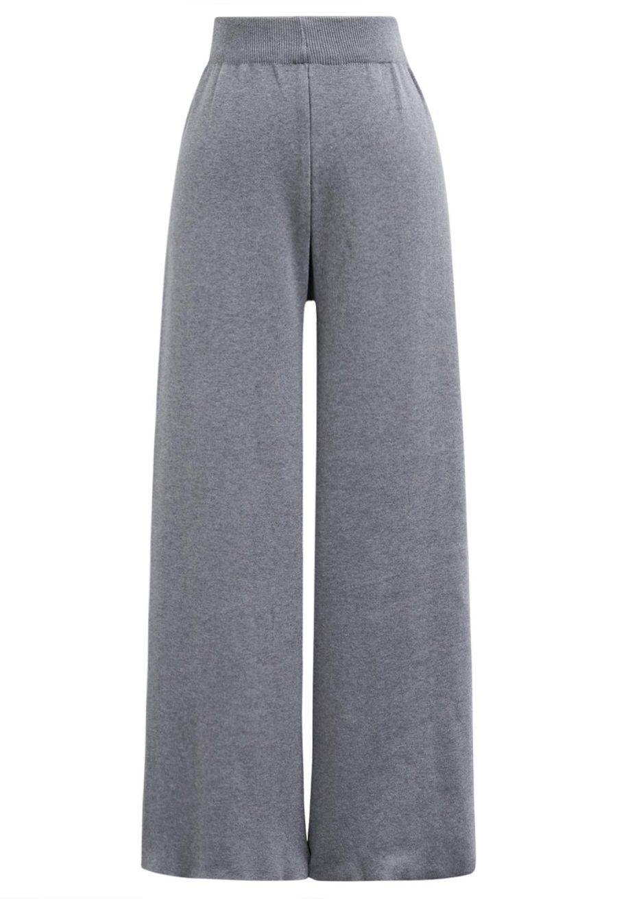 Abstract Print Buttoned Knit Cardigan and Pants Set in Grey