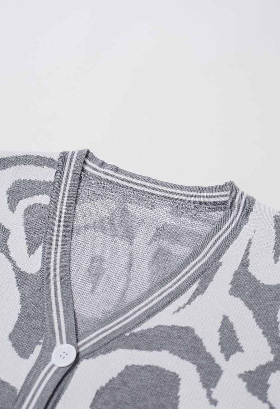 Abstract Print Buttoned Knit Cardigan and Pants Set in Grey