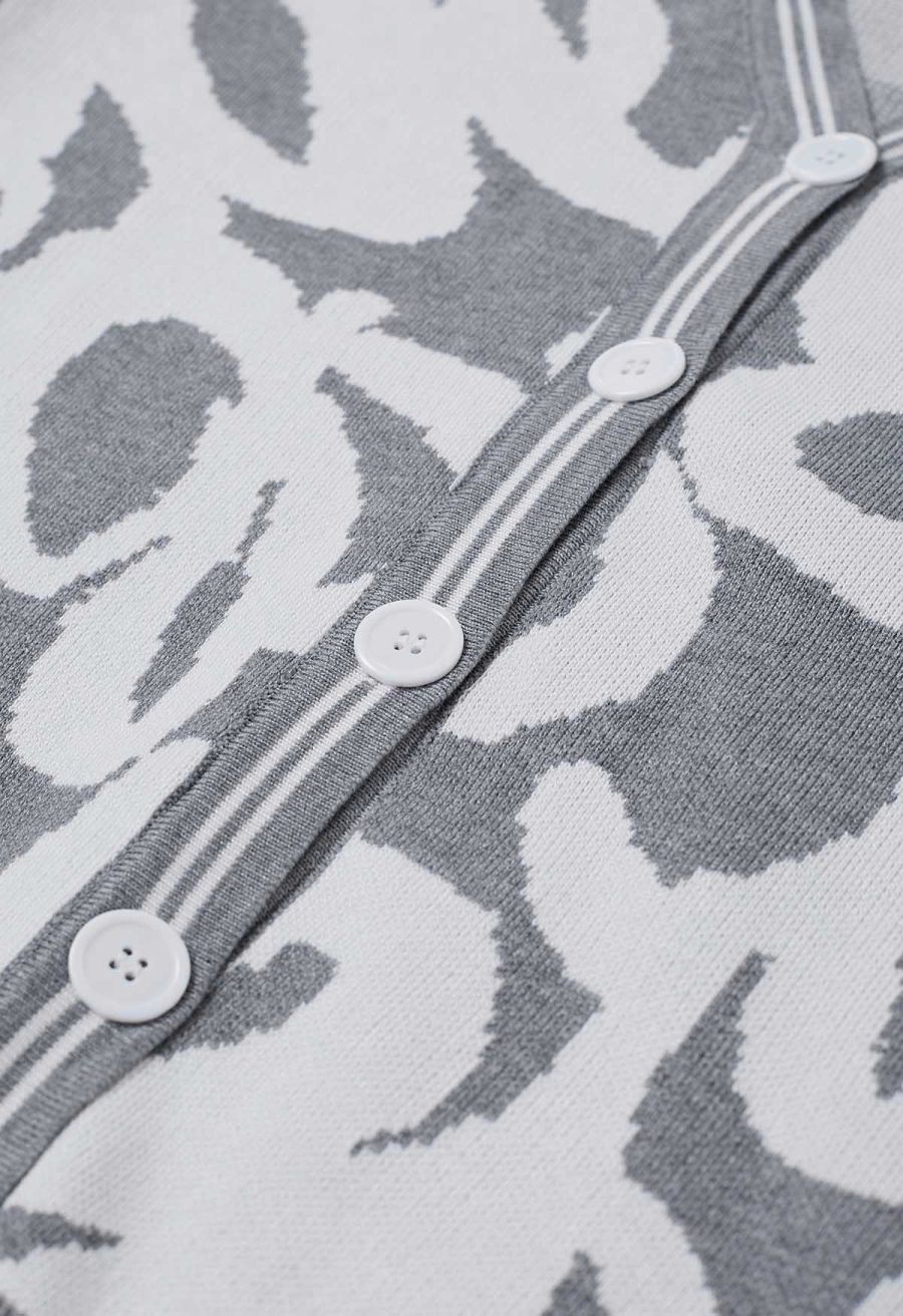 Abstract Print Buttoned Knit Cardigan and Pants Set in Grey
